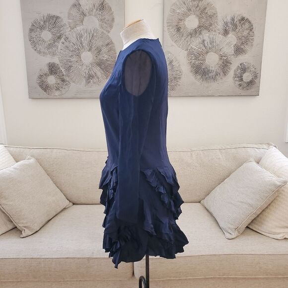 Grey JASON WU Silk Long Sleeve Ruffle Dress - size 4 in Midnight Blue - Picture 8 of 13